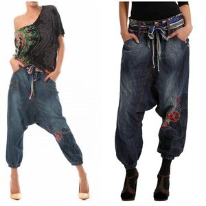 New! Desigual Blue Denim Embroidered Harem Jogger Pants Turko Belt 💋 sz 30